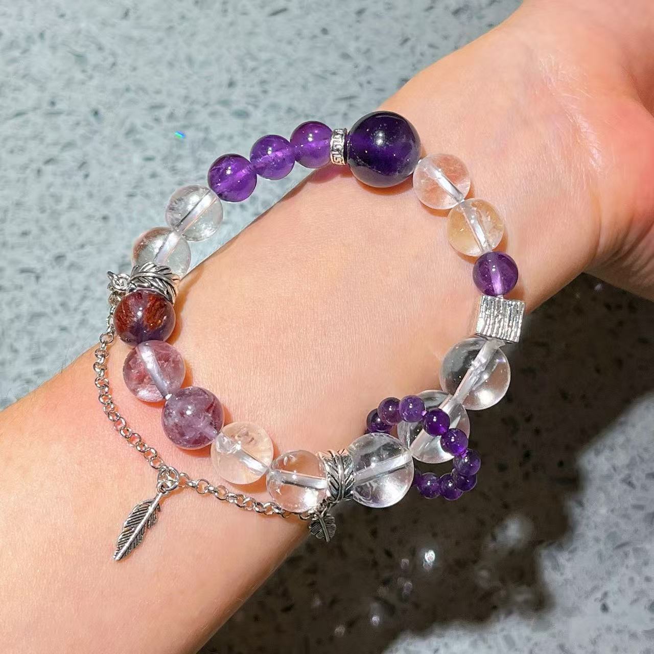 Natural Amethyst Purple Phantom Quartz White Quartz Fringe Bracelet