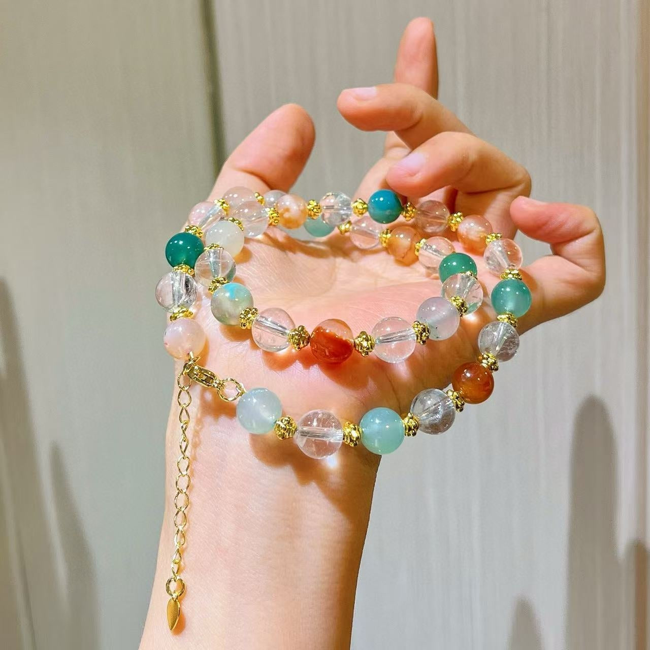 8mm Natural Clear Quartz & Sakura Agate Dainty Pendant Necklace