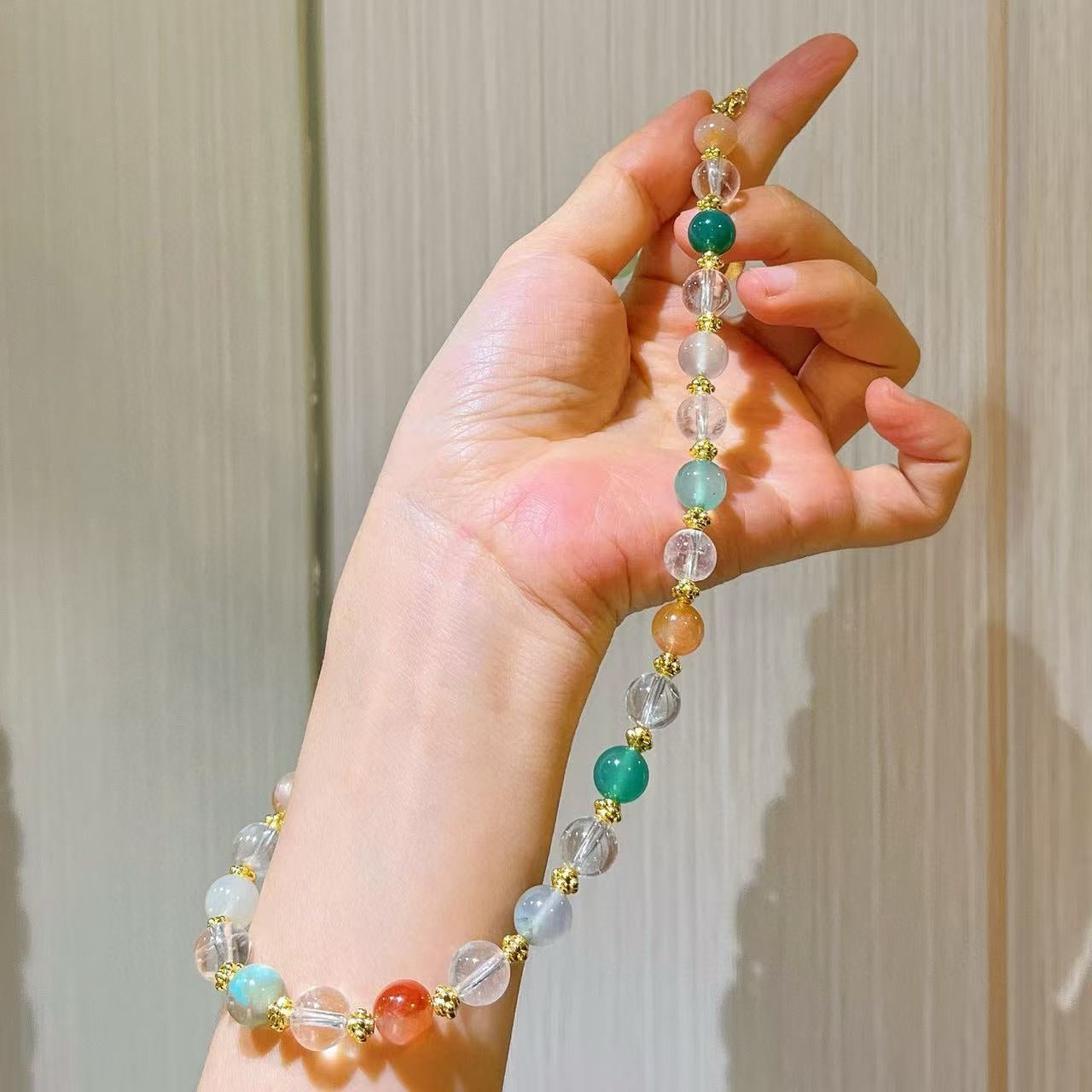 8mm Natural Clear Quartz & Sakura Agate Dainty Pendant Necklace