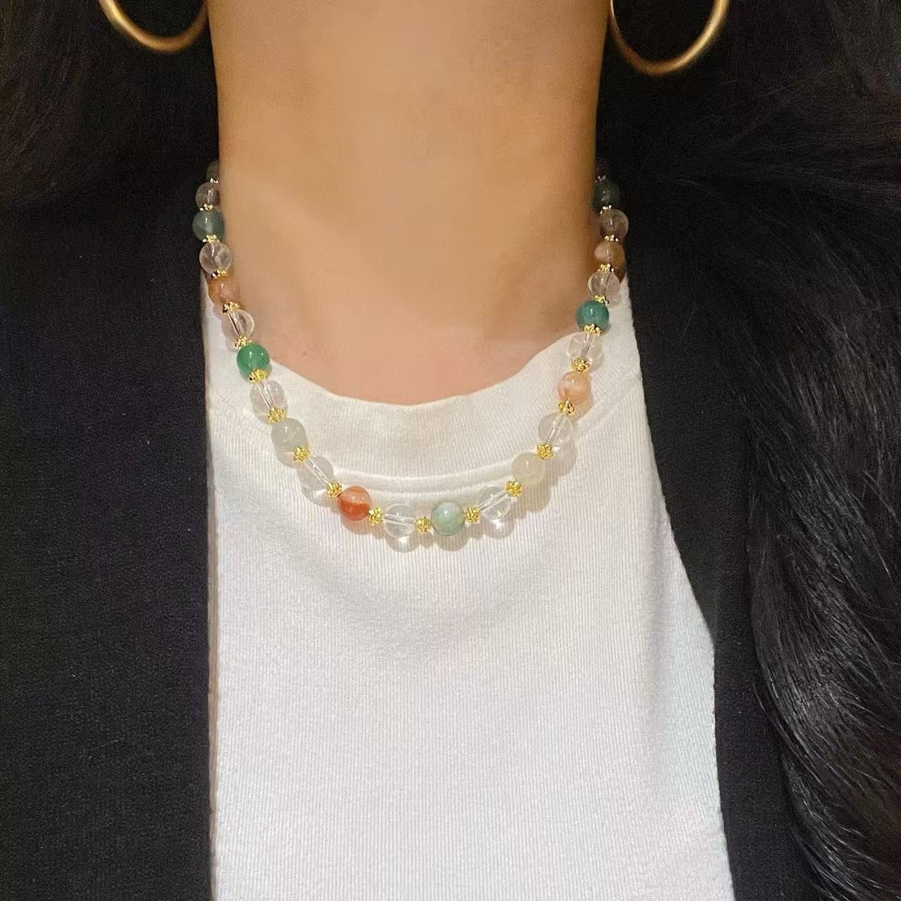 8mm Natural Clear Quartz & Sakura Agate Dainty Pendant Necklace