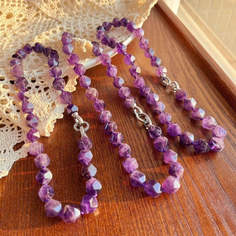 12mm Natural Uruguayan Amethyst Freeform Beads Individually Knotted Necklace