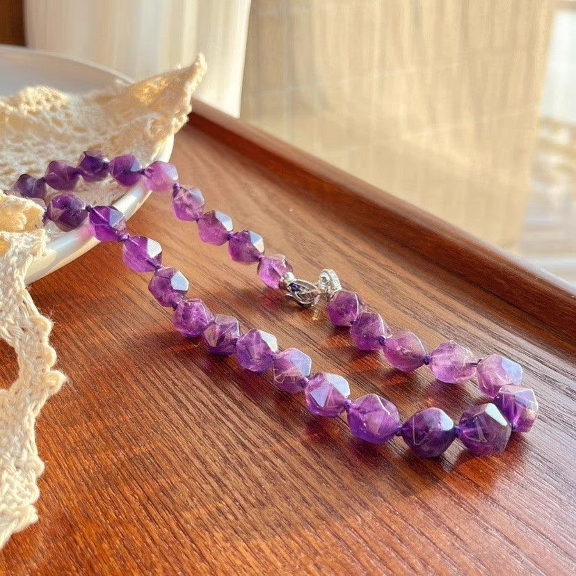 12mm Natural Uruguayan Amethyst Freeform Beads Individually Knotted Necklace