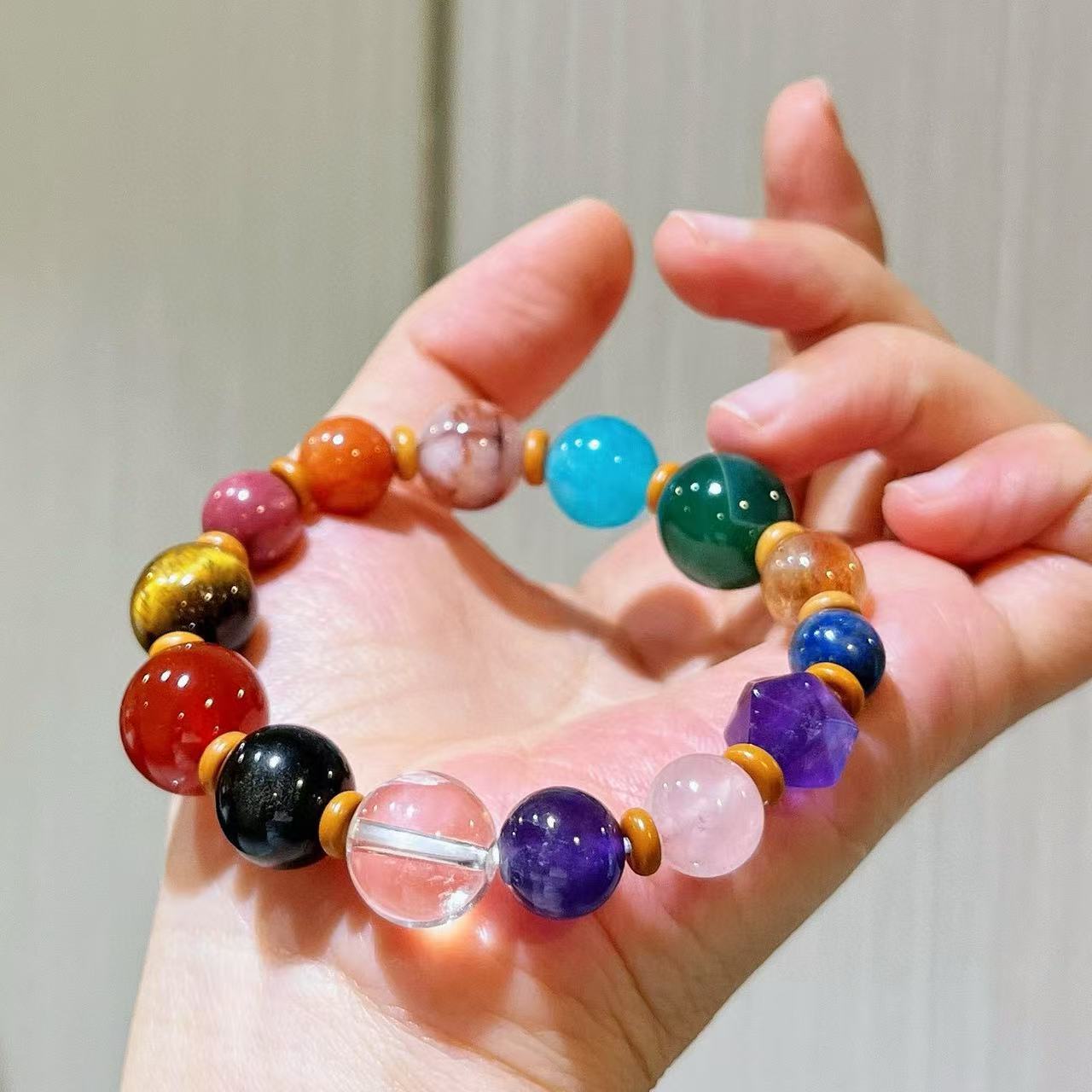 Natural White Crystal, Amethyst, Tiger's Eye, Rose Quartz, Amazonite, Red Phantom Quartz, Citrine, Gold Sheen Obsidian Chakra Bracelet