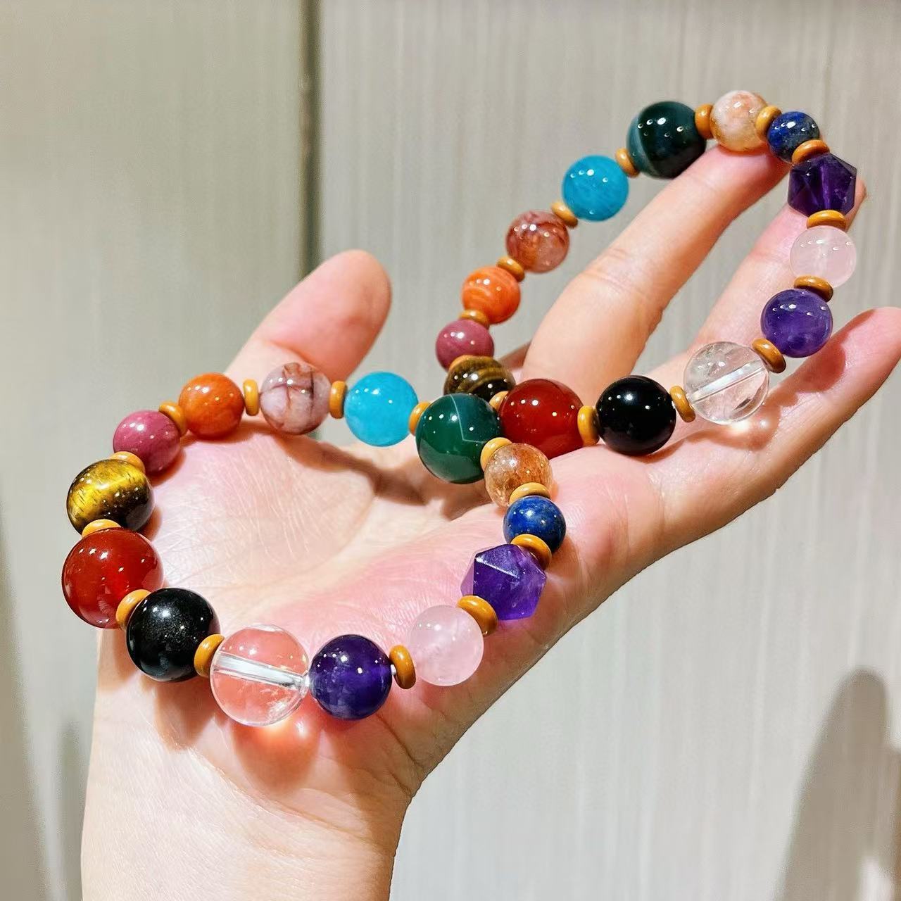 Natural White Crystal, Amethyst, Tiger's Eye, Rose Quartz, Amazonite, Red Phantom Quartz, Citrine, Gold Sheen Obsidian Chakra Bracelet