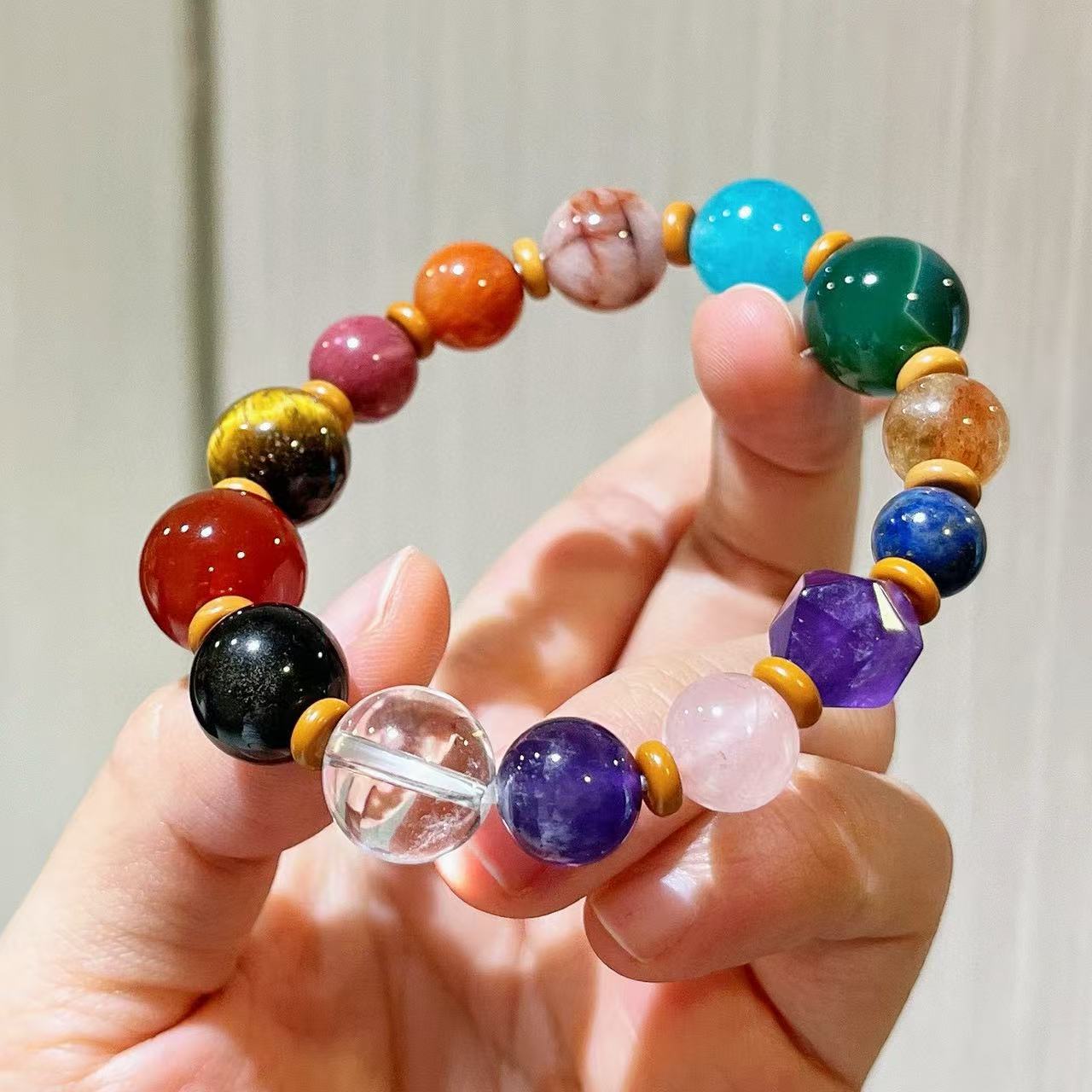 Natural White Crystal, Amethyst, Tiger's Eye, Rose Quartz, Amazonite, Red Phantom Quartz, Citrine, Gold Sheen Obsidian Chakra Bracelet