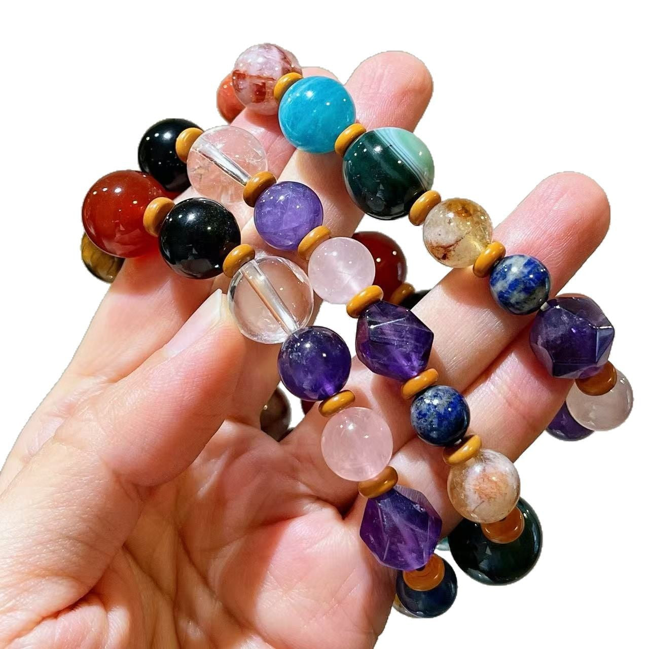Natural White Crystal, Amethyst, Tiger's Eye, Rose Quartz, Amazonite, Red Phantom Quartz, Citrine, Gold Sheen Obsidian Chakra Bracelet