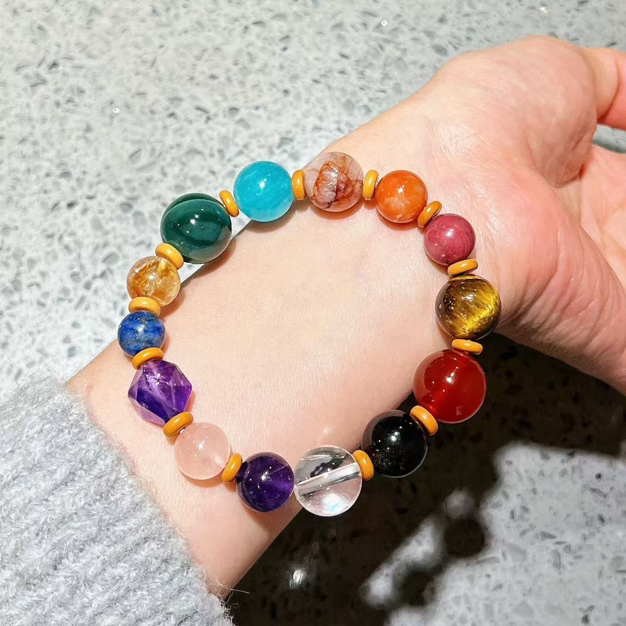 Natural White Crystal, Amethyst, Tiger's Eye, Rose Quartz, Amazonite, Red Phantom Quartz, Citrine, Gold Sheen Obsidian Chakra Bracelet