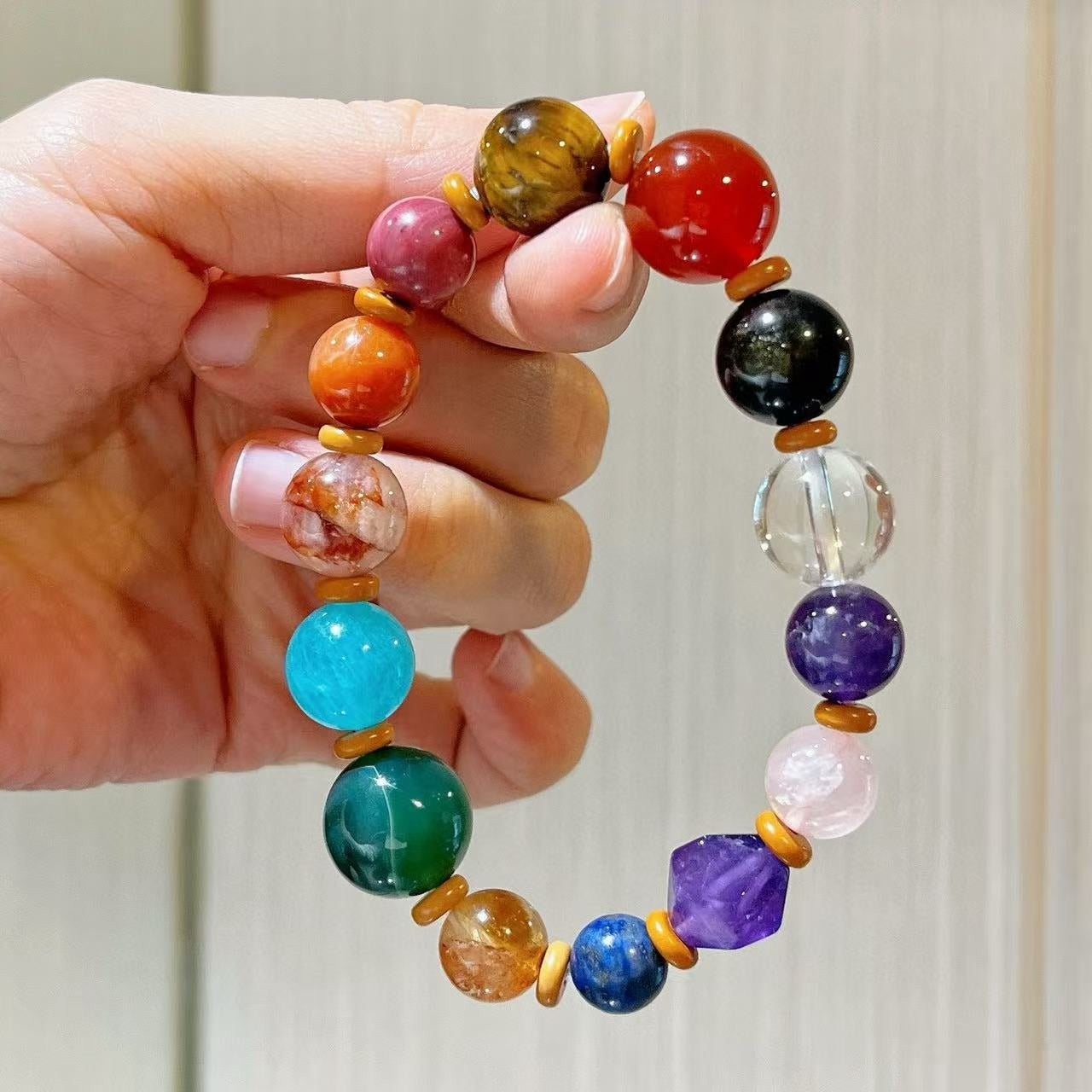 Natural White Crystal, Amethyst, Tiger's Eye, Rose Quartz, Amazonite, Red Phantom Quartz, Citrine, Gold Sheen Obsidian Chakra Bracelet