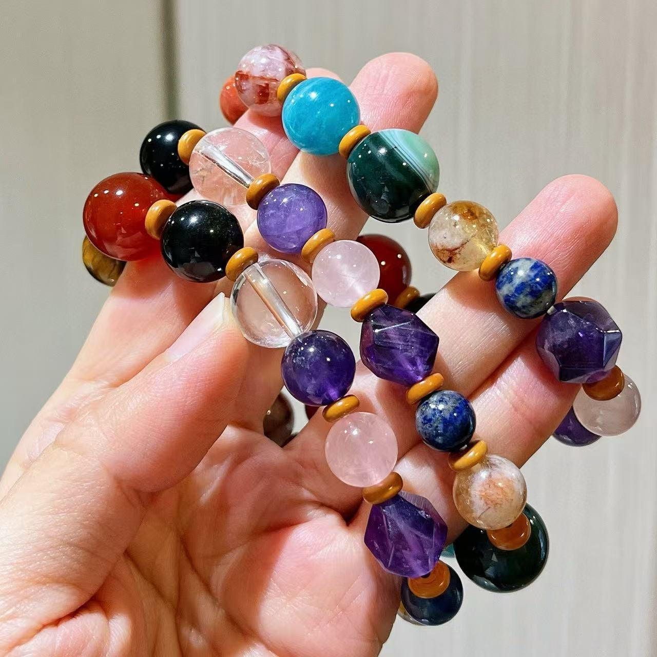 Natural White Crystal, Amethyst, Tiger's Eye, Rose Quartz, Amazonite, Red Phantom Quartz, Citrine, Gold Sheen Obsidian Chakra Bracelet