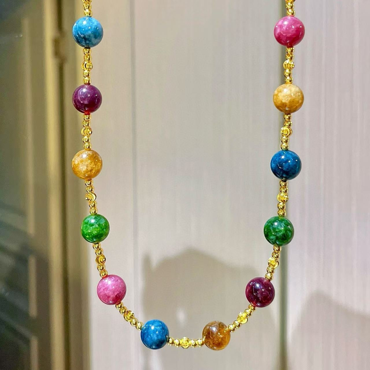 10mm Multi-colored Tourmaline-toned Quartzite Star-scattered Collarbone Chain