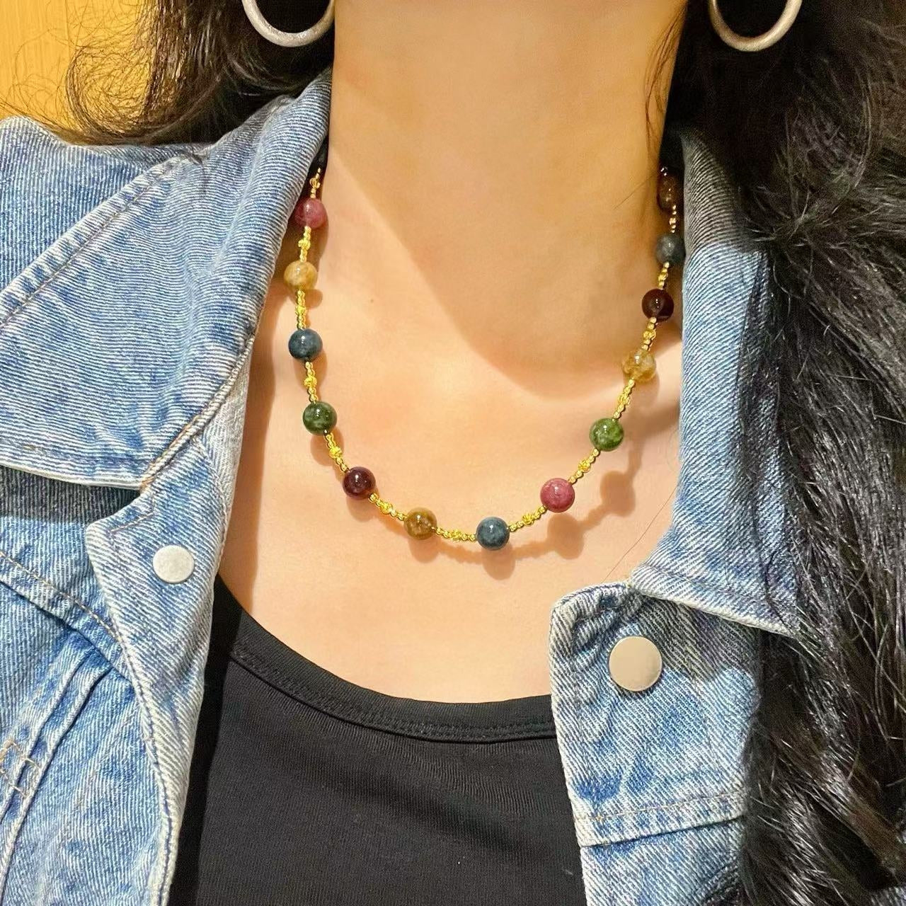 10mm Multi-colored Tourmaline-toned Quartzite Star-scattered Collarbone Chain