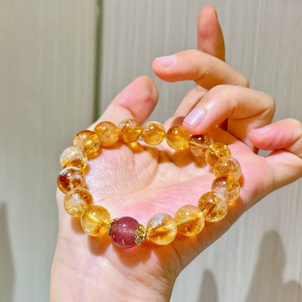 Designer 10mm Natural Caramel-Honey-Cream Yellow Tibetan Quartz & Strawberry Quartz Bracelet