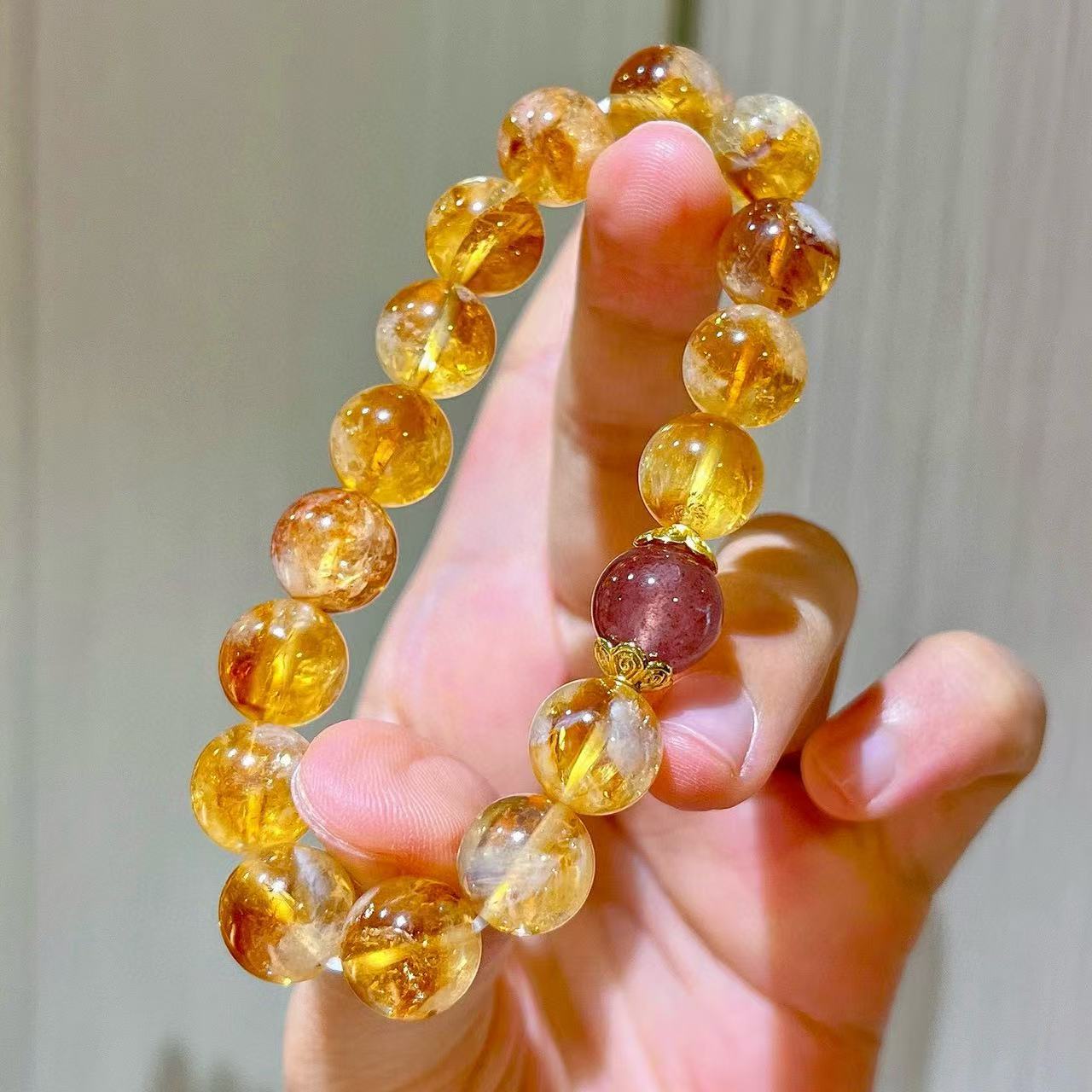 Designer 10mm Natural Caramel-Honey-Cream Yellow Tibetan Quartz & Strawberry Quartz Bracelet