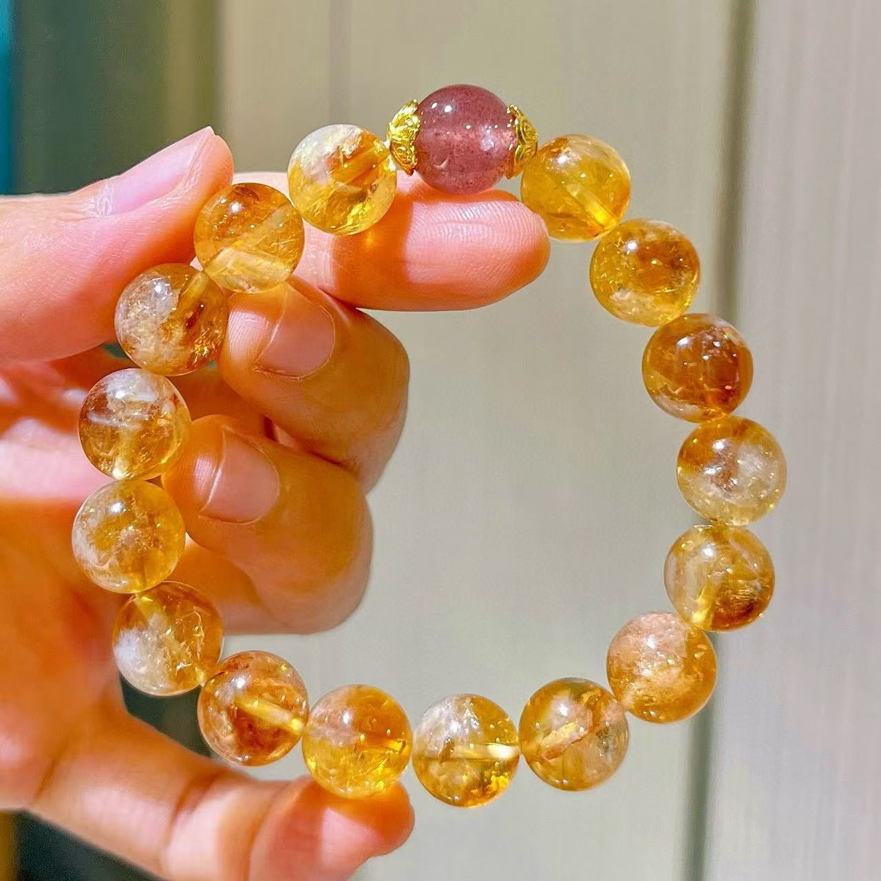 Designer 10mm Natural Caramel-Honey-Cream Yellow Tibetan Quartz & Strawberry Quartz Bracelet