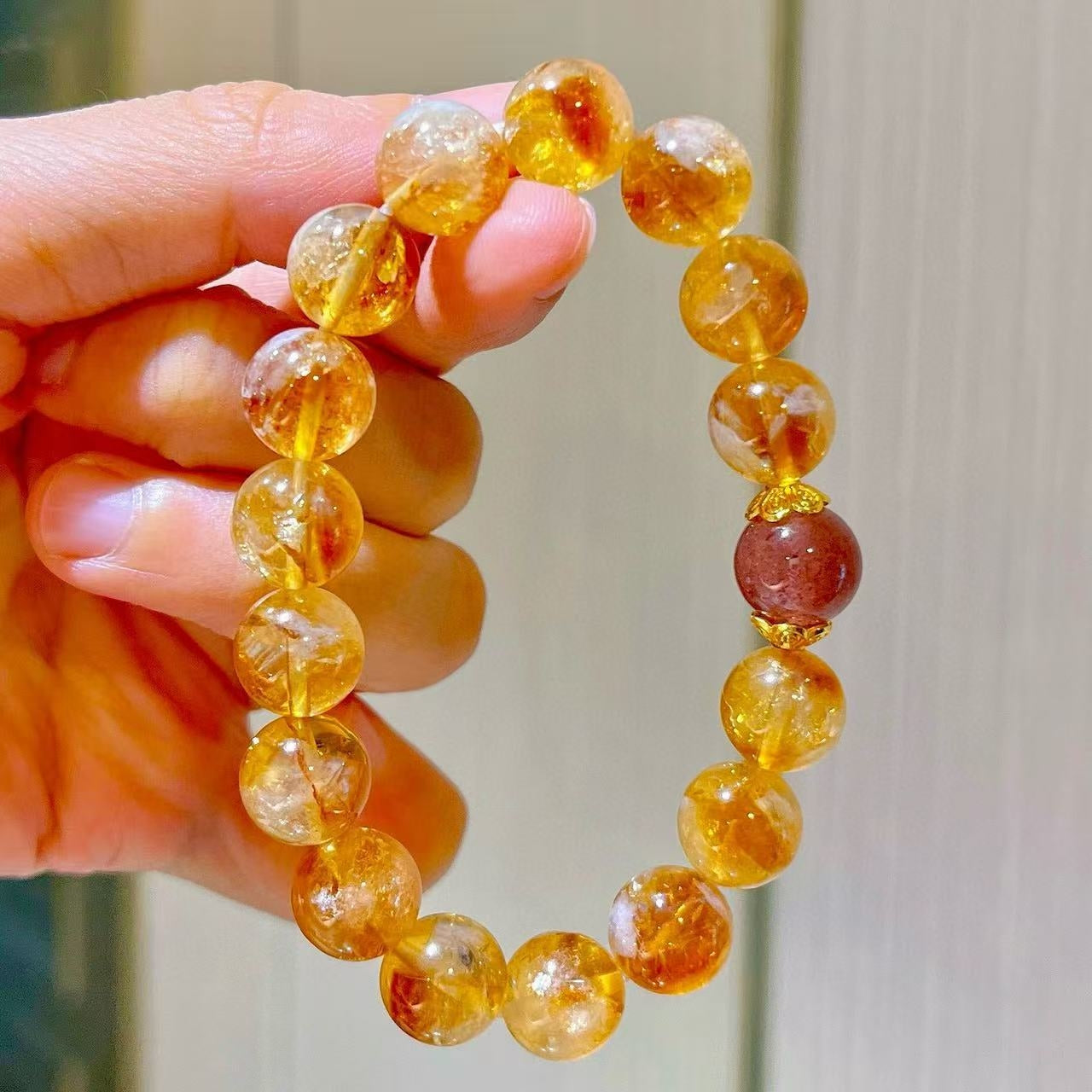 Designer 10mm Natural Caramel-Honey-Cream Yellow Tibetan Quartz & Strawberry Quartz Bracelet