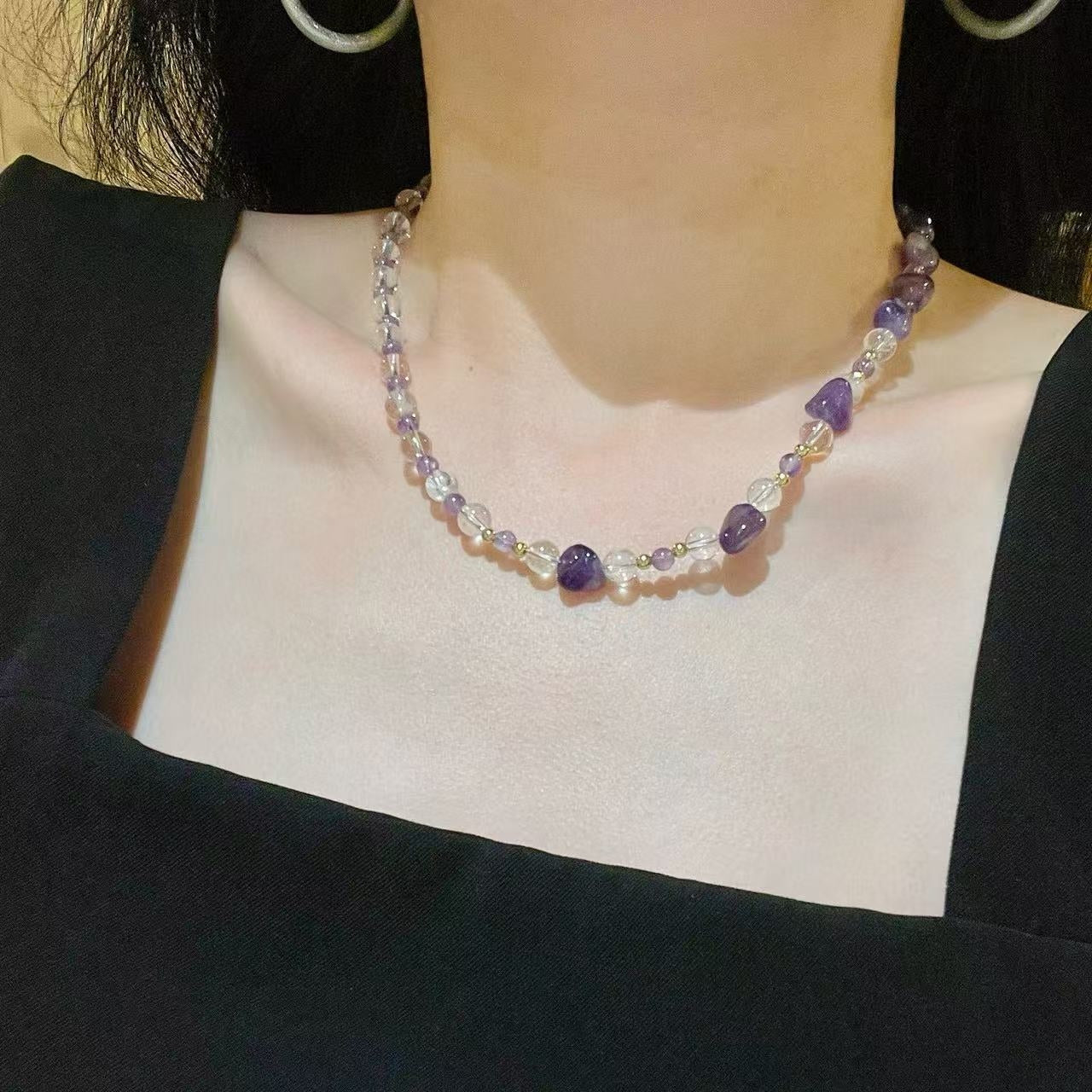 Fresh Vintage-Style Natural White Crystal & Amethyst Designer Collar Necklace