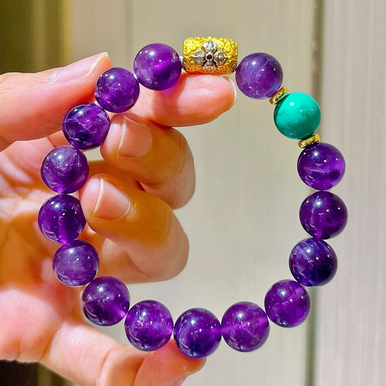 Designer 10mm Turquoise-Color Dyed Quartzite & Natural Royal Grape Purple Amethyst Beaded Bracelet