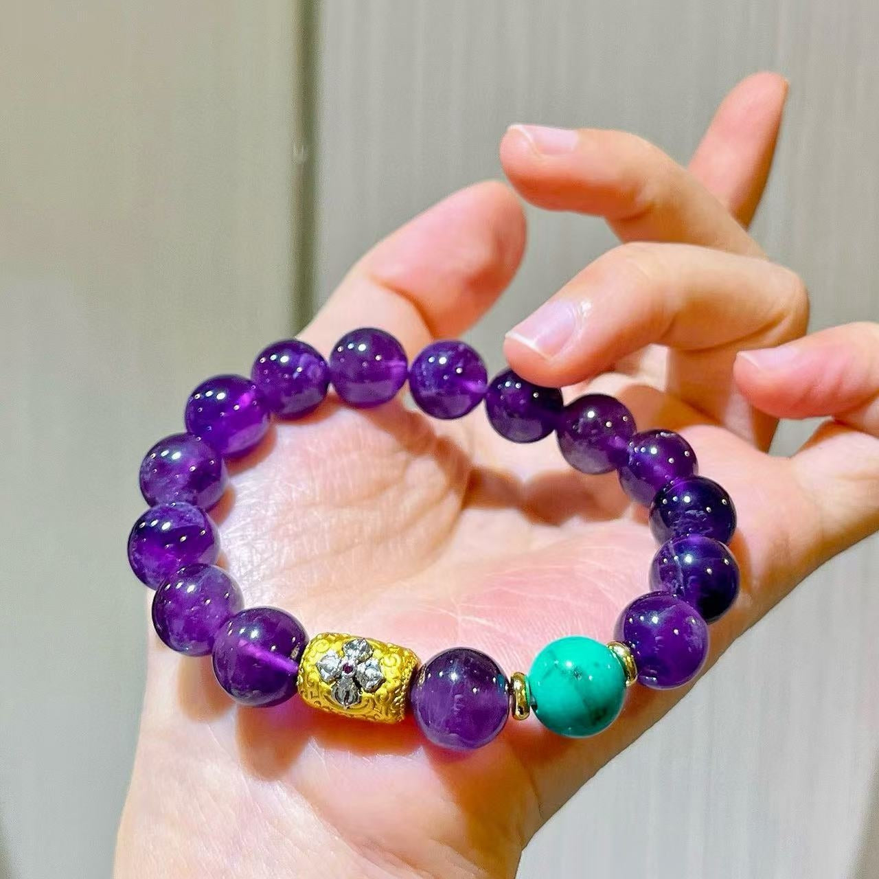 Designer 10mm Turquoise-Color Dyed Quartzite & Natural Royal Grape Purple Amethyst Beaded Bracelet