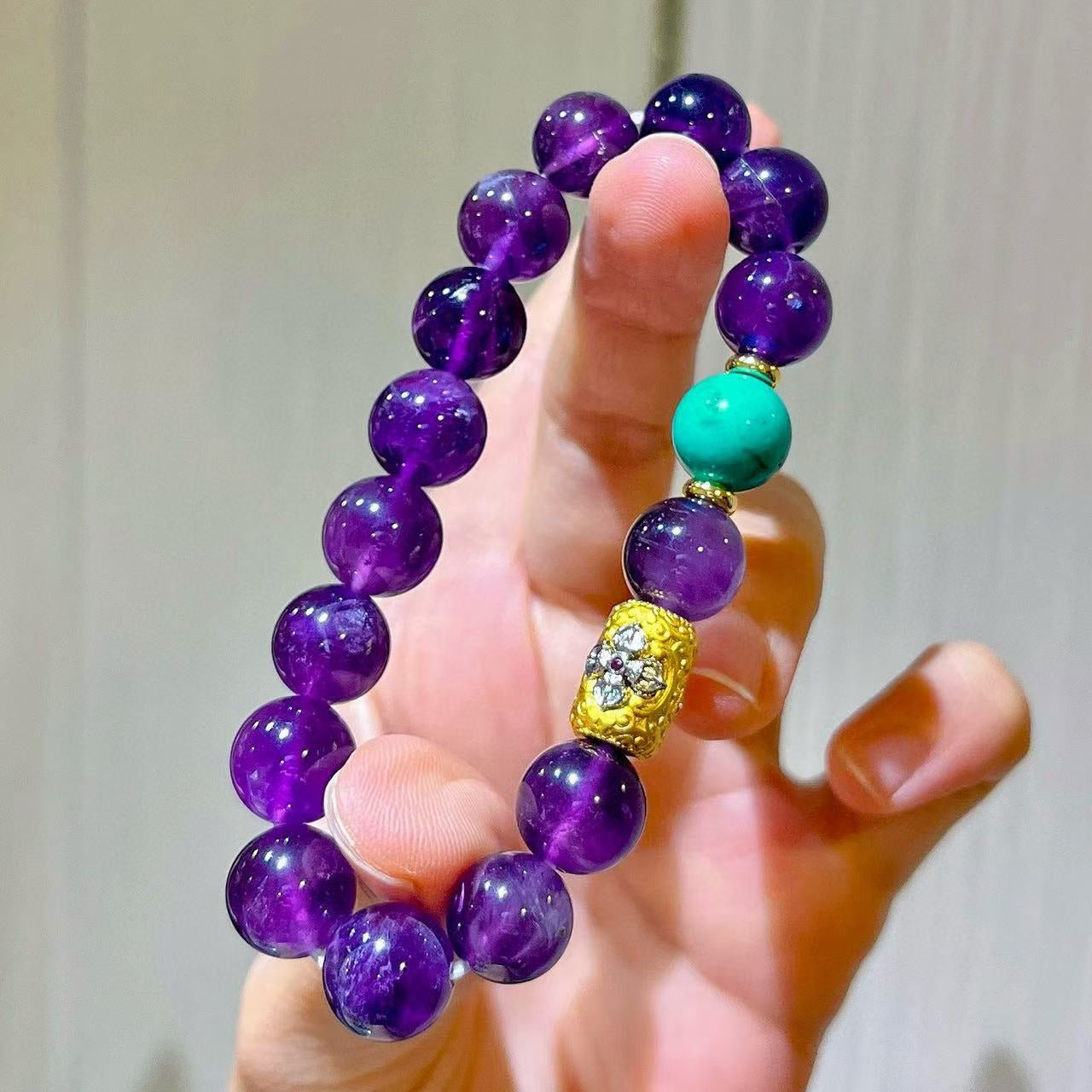 Designer 10mm Turquoise-Color Dyed Quartzite & Natural Royal Grape Purple Amethyst Beaded Bracelet