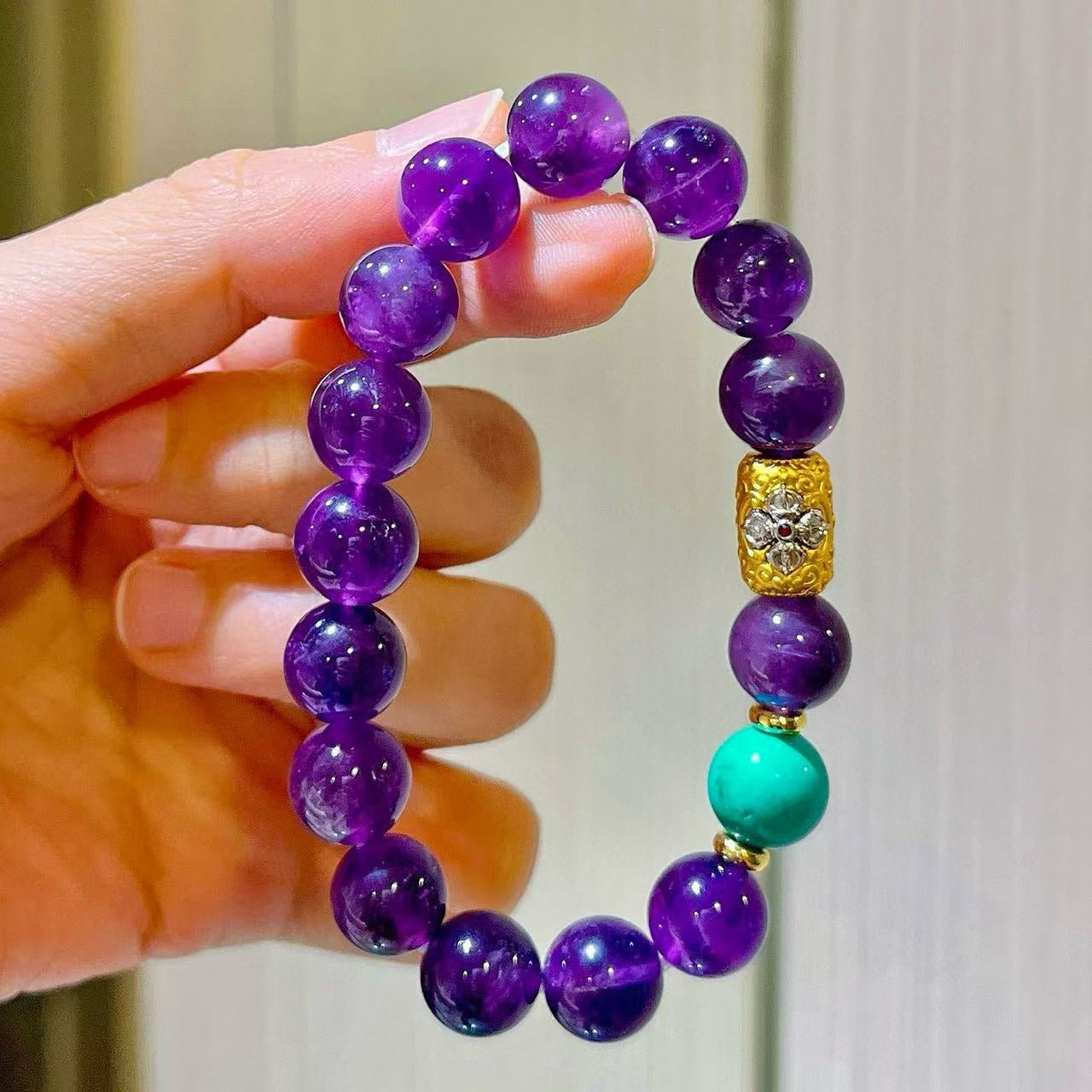Designer 10mm Turquoise-Color Dyed Quartzite & Natural Royal Grape Purple Amethyst Beaded Bracelet