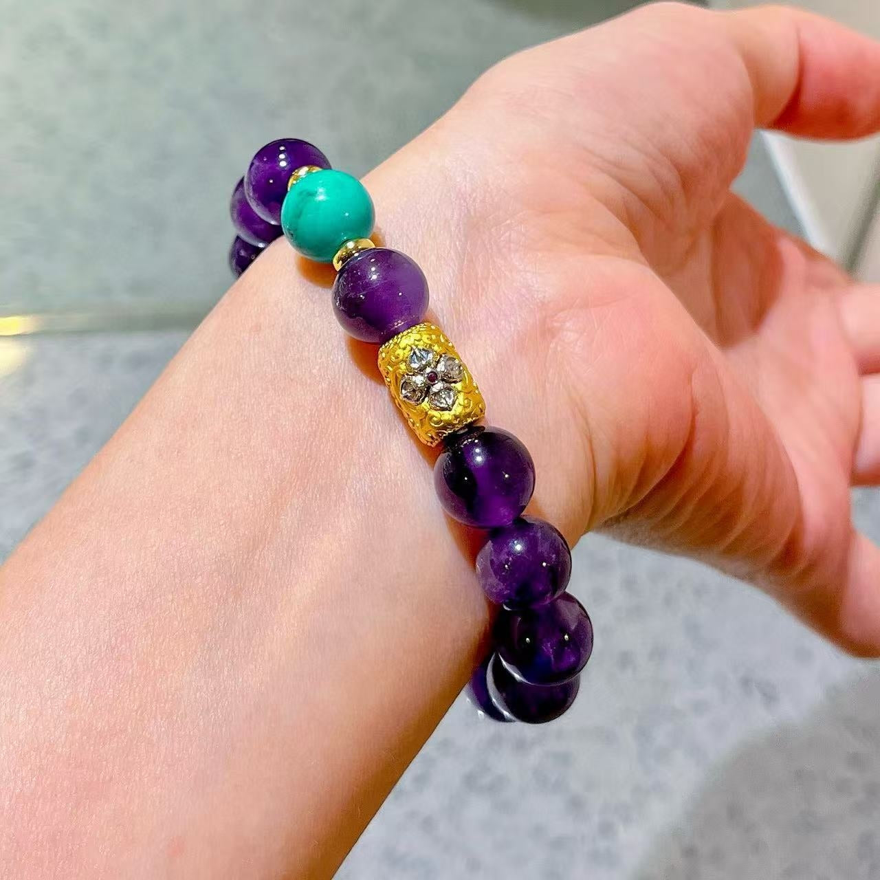 Designer 10mm Turquoise-Color Dyed Quartzite & Natural Royal Grape Purple Amethyst Beaded Bracelet