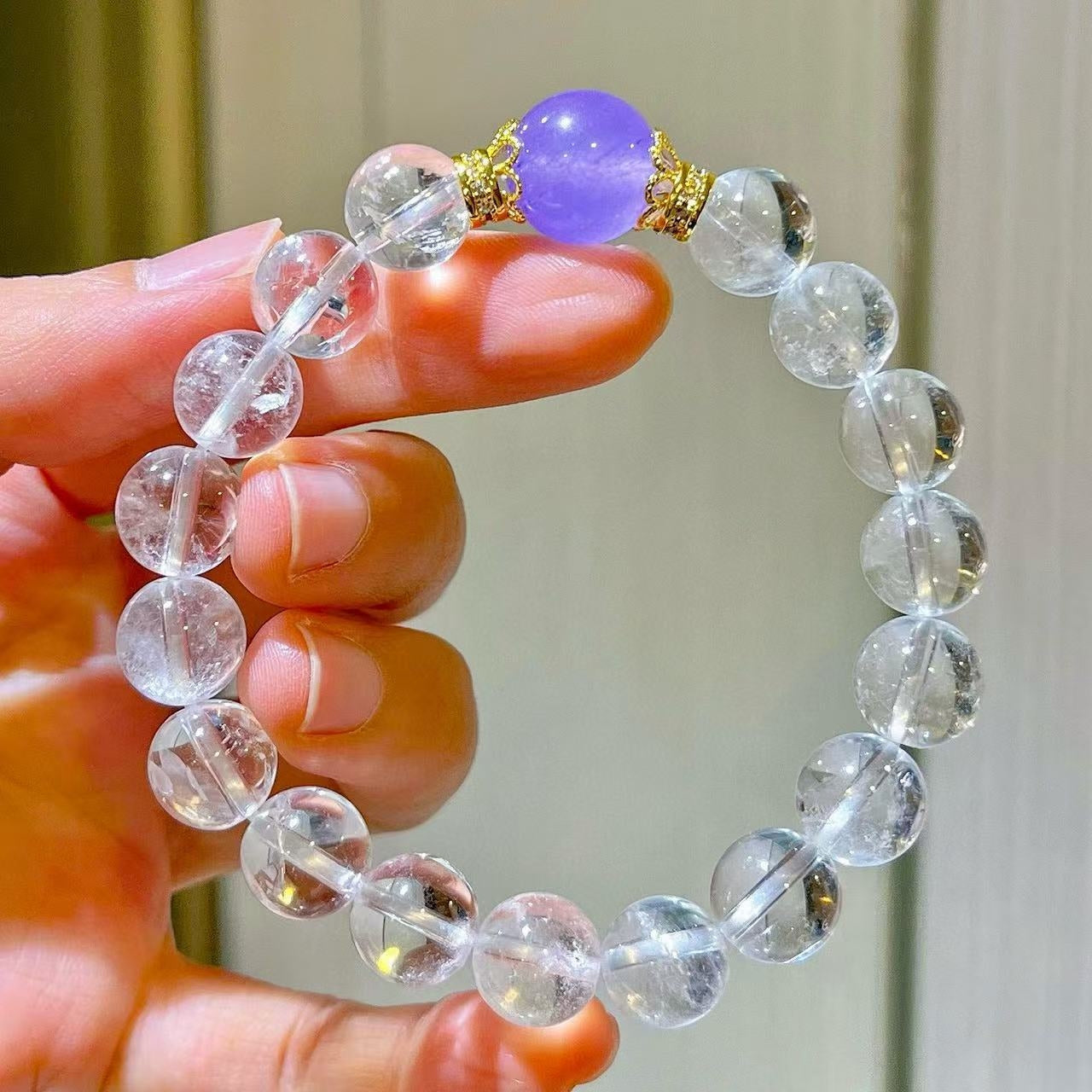 Designer Violet-Color Quartzite & Natural White Crystal Beaded Bracelet