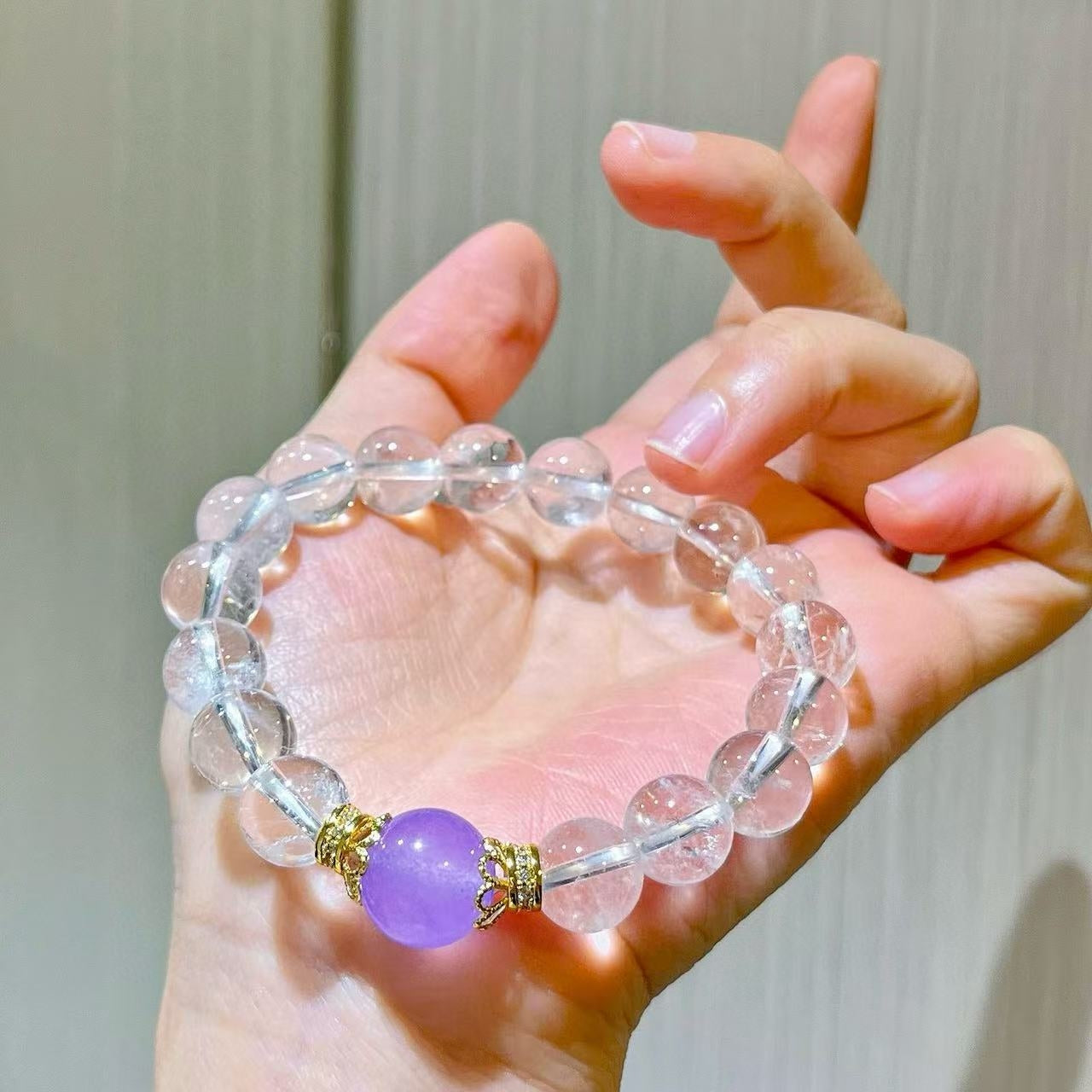 Designer Violet-Color Quartzite & Natural White Crystal Beaded Bracelet