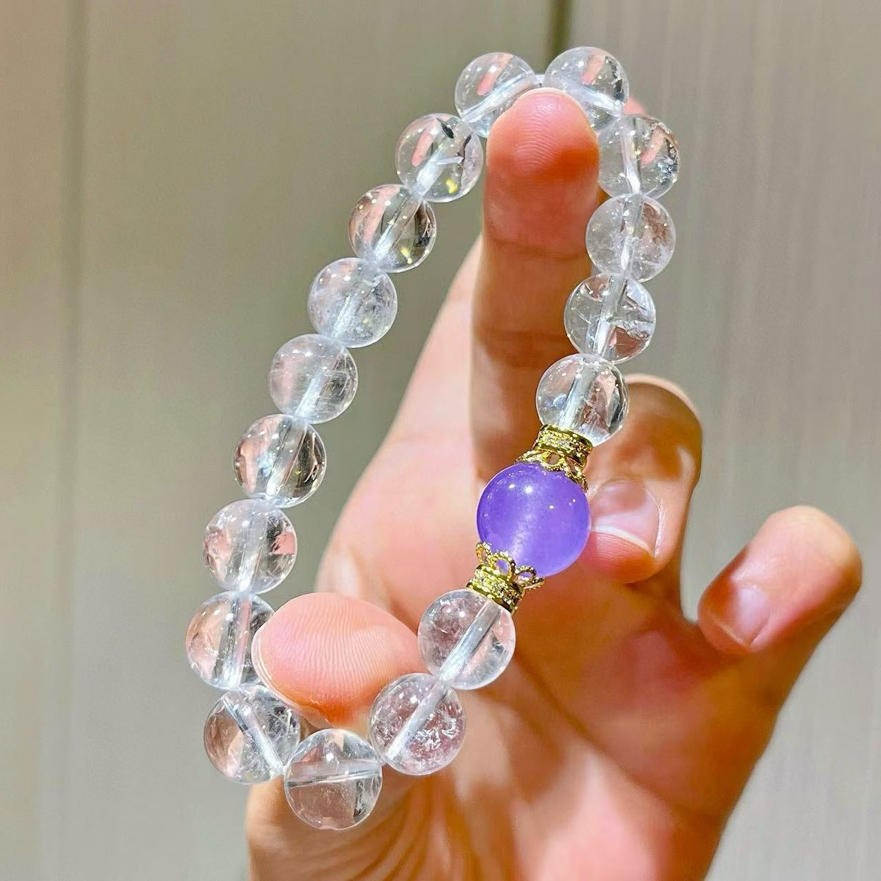 Designer Violet-Color Quartzite & Natural White Crystal Beaded Bracelet