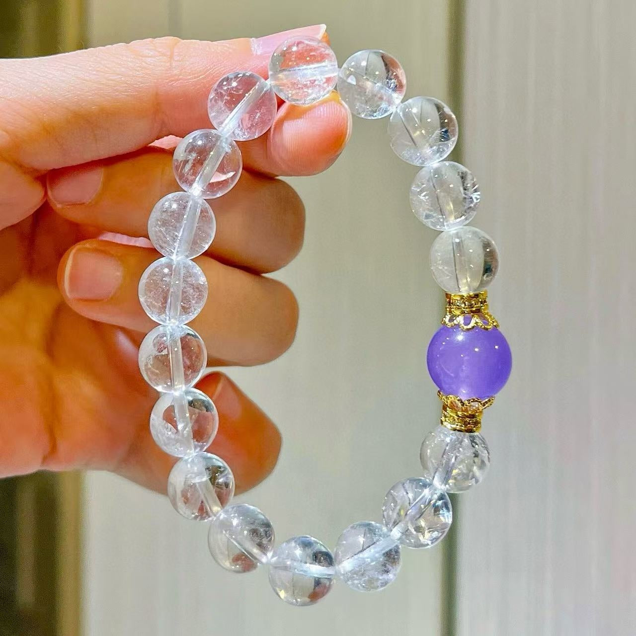 Designer Violet-Color Quartzite & Natural White Crystal Beaded Bracelet