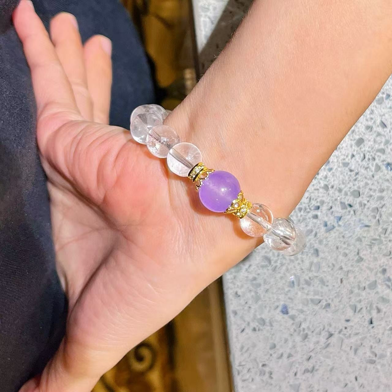 Designer Violet-Color Quartzite & Natural White Crystal Beaded Bracelet