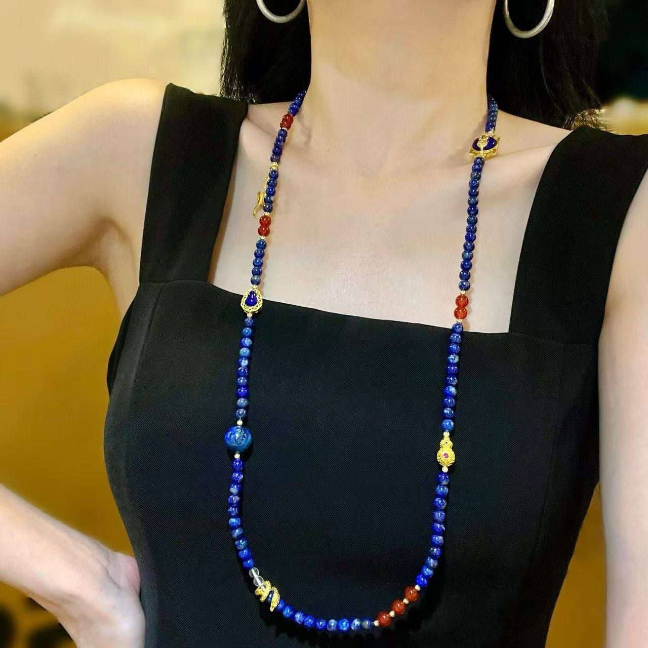 Vintage-Inspired Natural Lapis Lazuli & Carnelian Designer Lariat Necklace