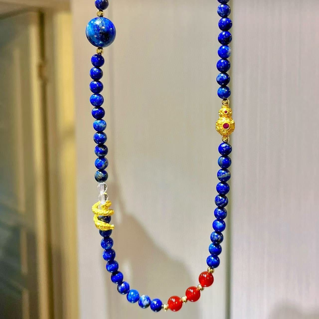 Vintage-Inspired Natural Lapis Lazuli & Carnelian Designer Lariat Necklace