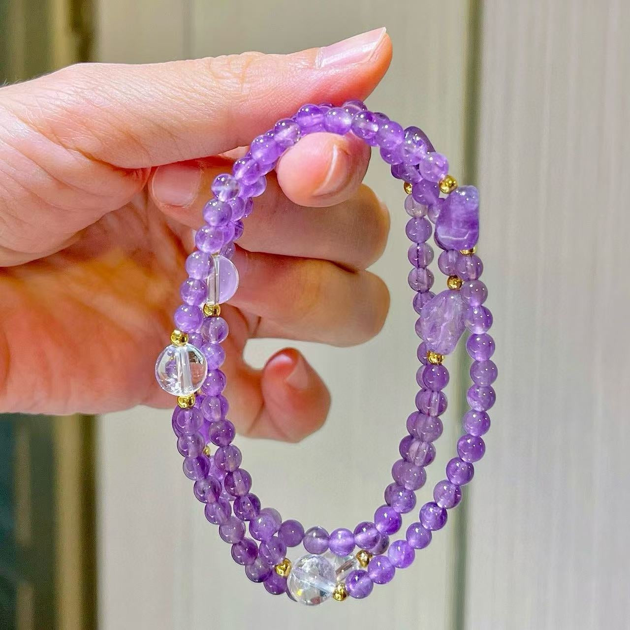 Designer 4mm Lavender-Purple Natural Amethyst & White Crystal Multi-Wrap Bracelet