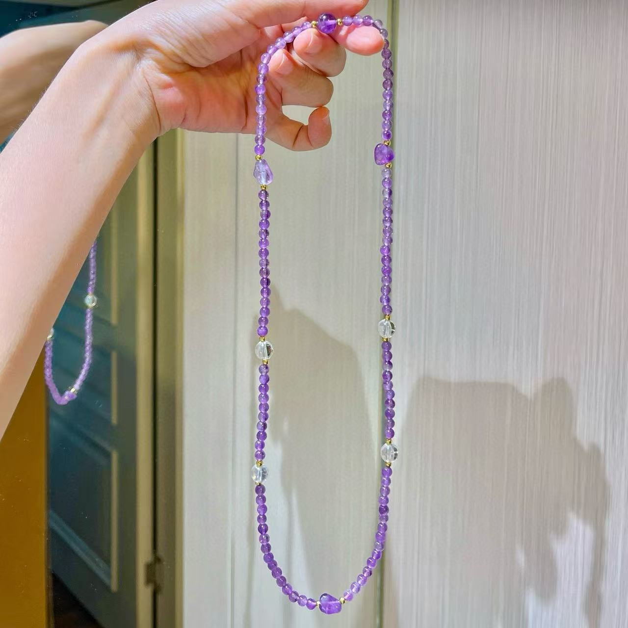 Designer 4mm Lavender-Purple Natural Amethyst & White Crystal Multi-Wrap Bracelet