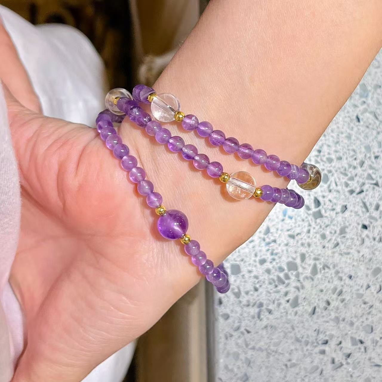 Designer 4mm Lavender-Purple Natural Amethyst & White Crystal Multi-Wrap Bracelet