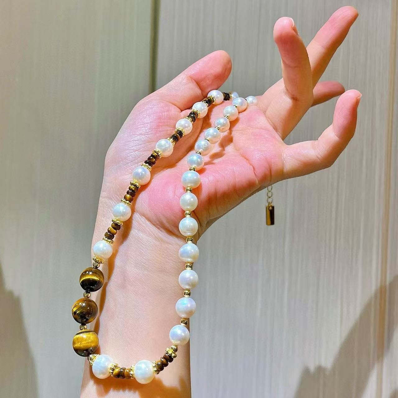 Vintage Premium Natural Freshwater Pearl & Tiger's Eye Starry Sky Necklace