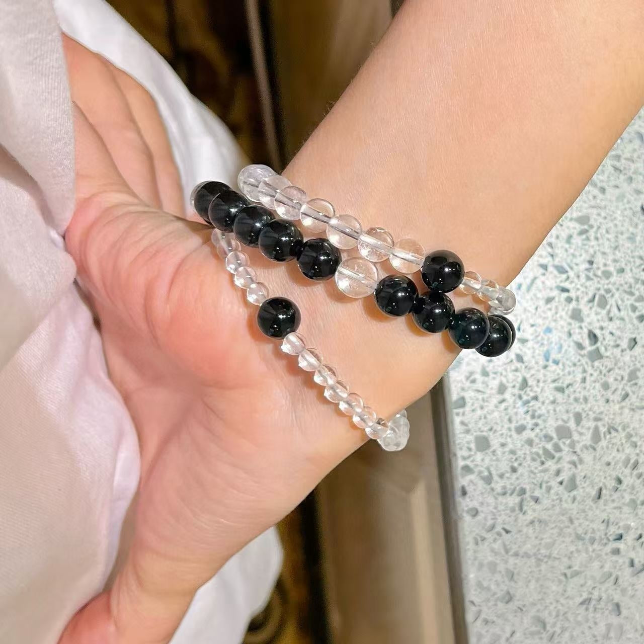 Designer multi-wrap natural black onyx & white crystal bracelet