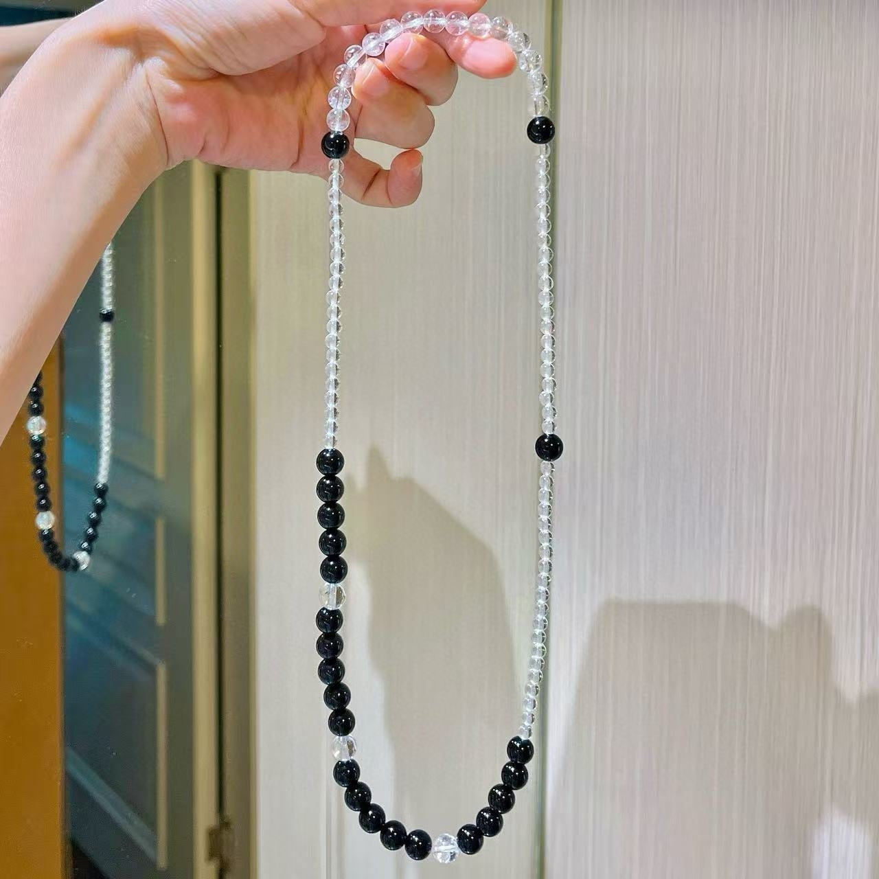 Designer multi-wrap natural black onyx & white crystal bracelet