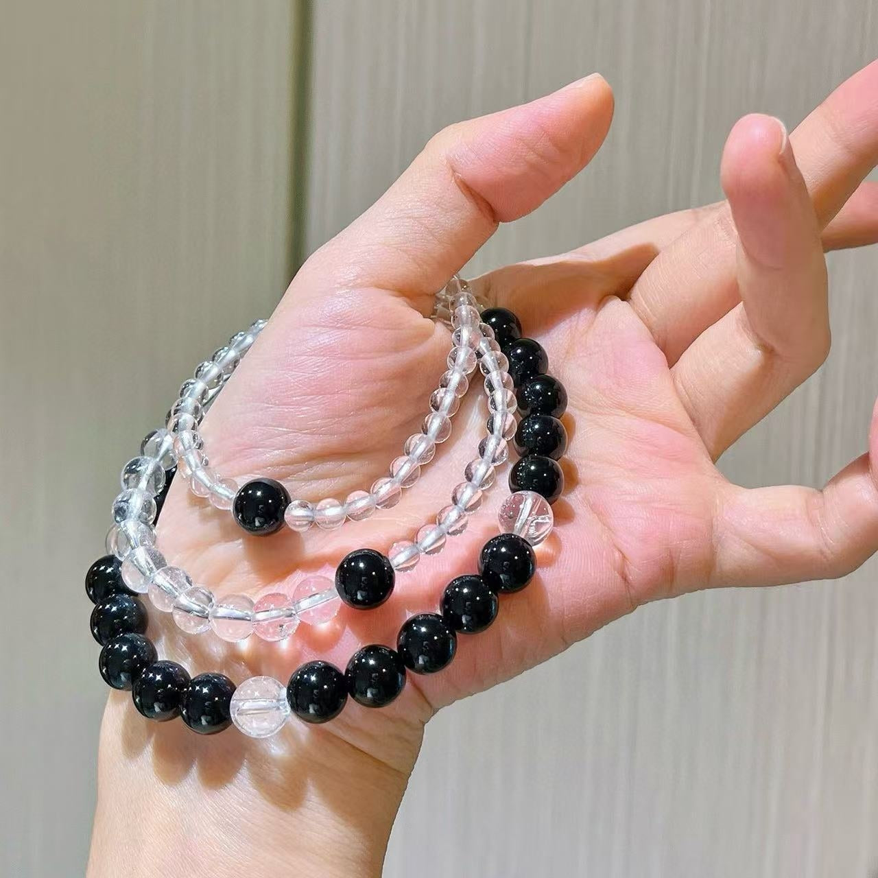 Designer multi-wrap natural black onyx & white crystal bracelet