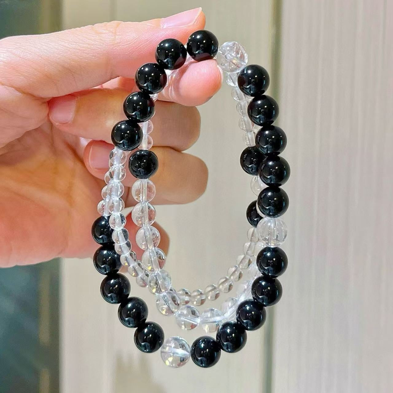 Designer multi-wrap natural black onyx & white crystal bracelet