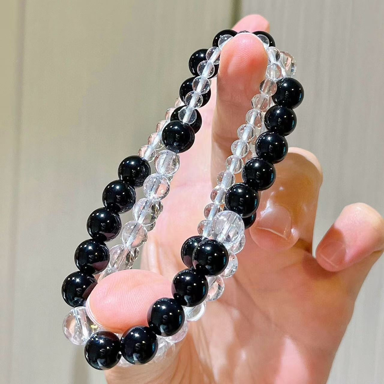 Designer multi-wrap natural black onyx & white crystal bracelet