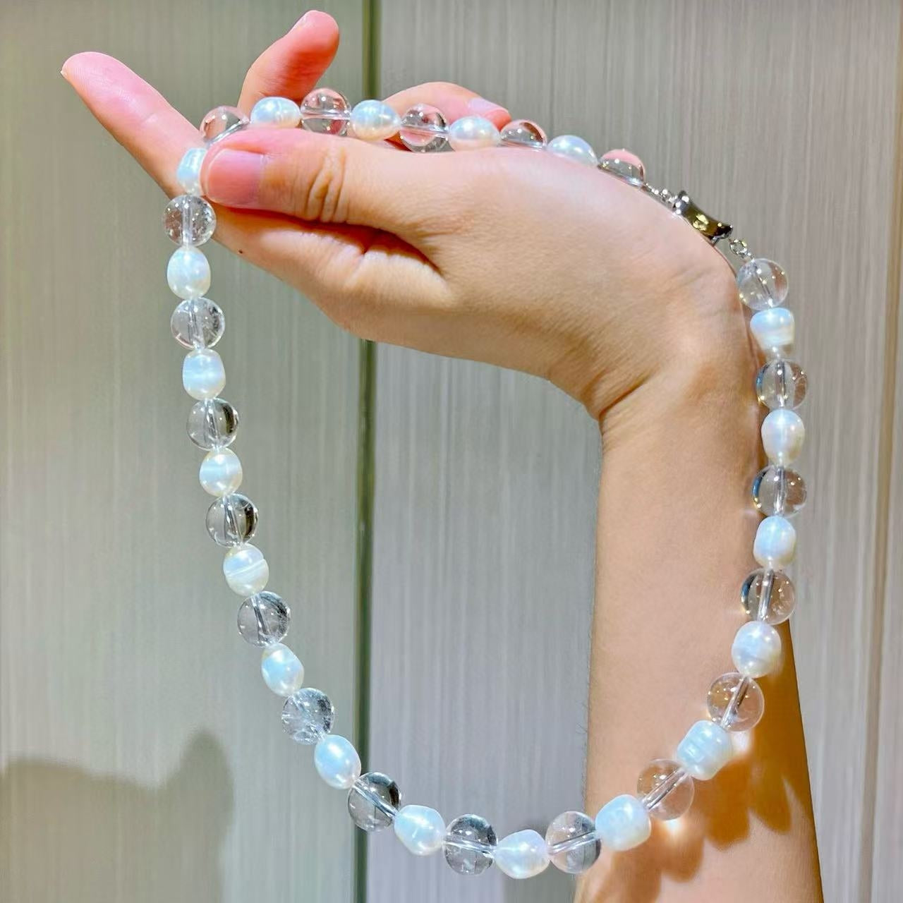 10mm Natural Freshwater Pearls and White Crystal Designer Collarbone Necklace