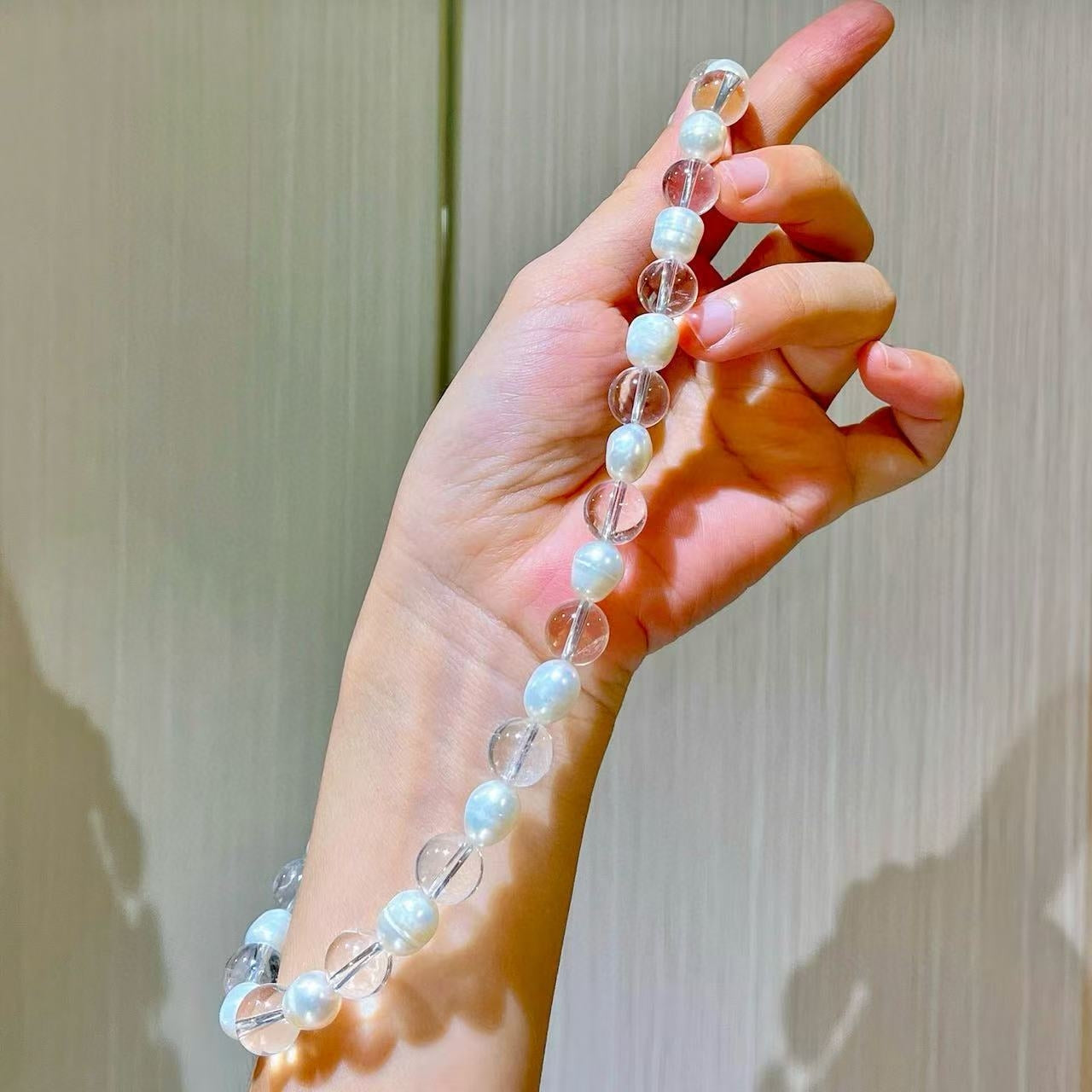 10mm Natural Freshwater Pearls and White Crystal Designer Collarbone Necklace