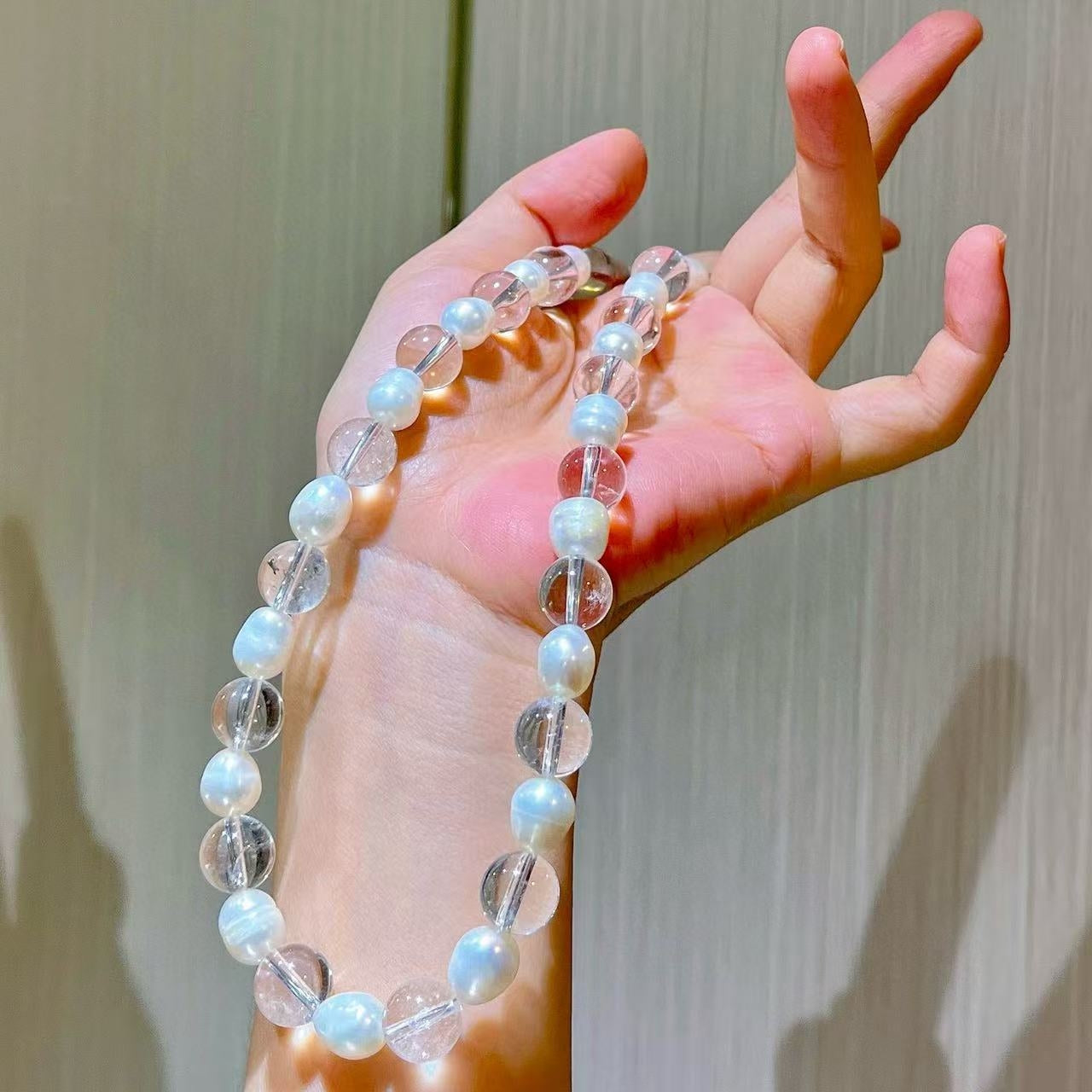 10mm Natural Freshwater Pearls and White Crystal Designer Collarbone Necklace