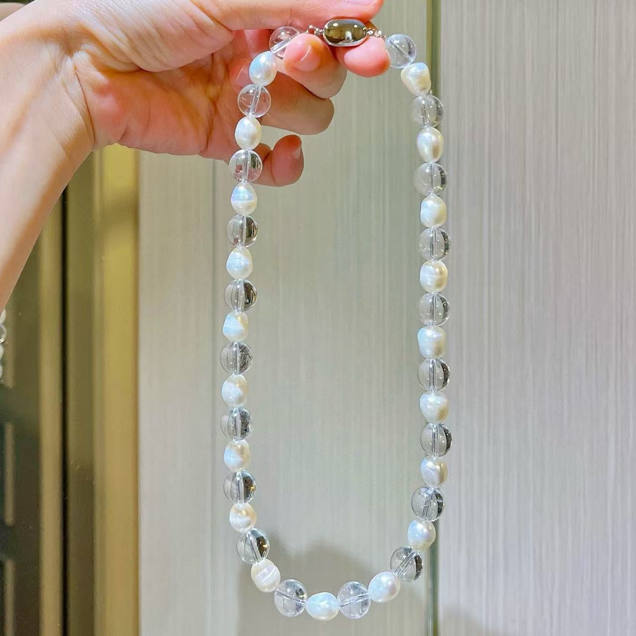 10mm Natural Freshwater Pearls and White Crystal Designer Collarbone Necklace