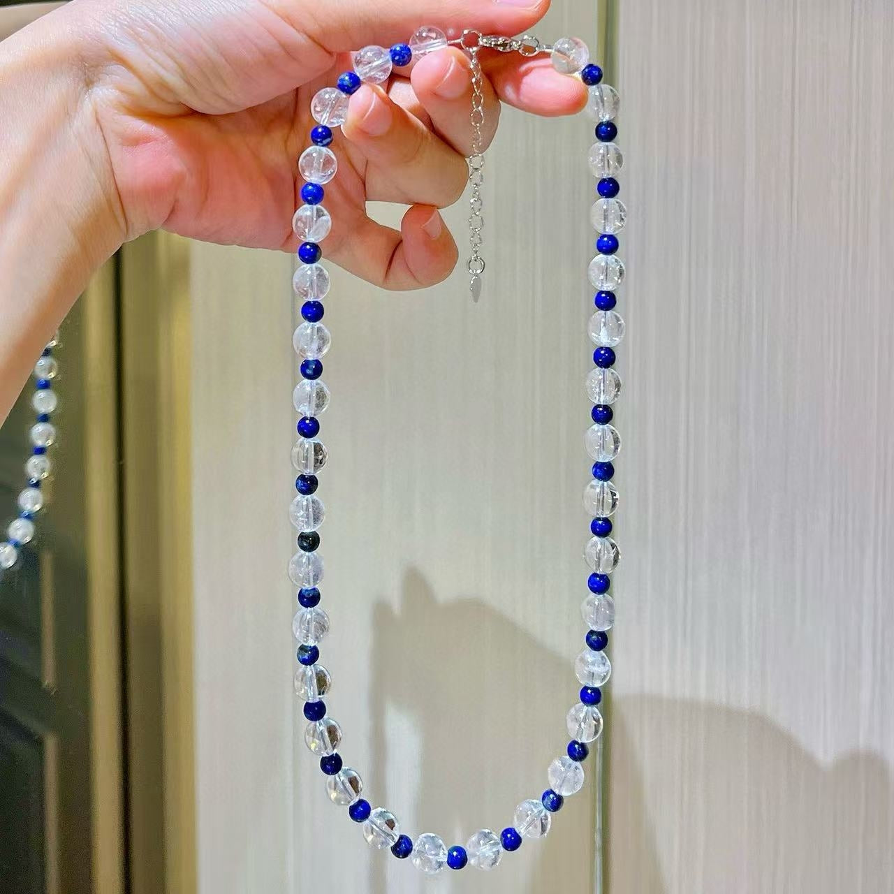 8mm Natural White Crystal and Lapis Lazuli Designer Collarbone Necklace