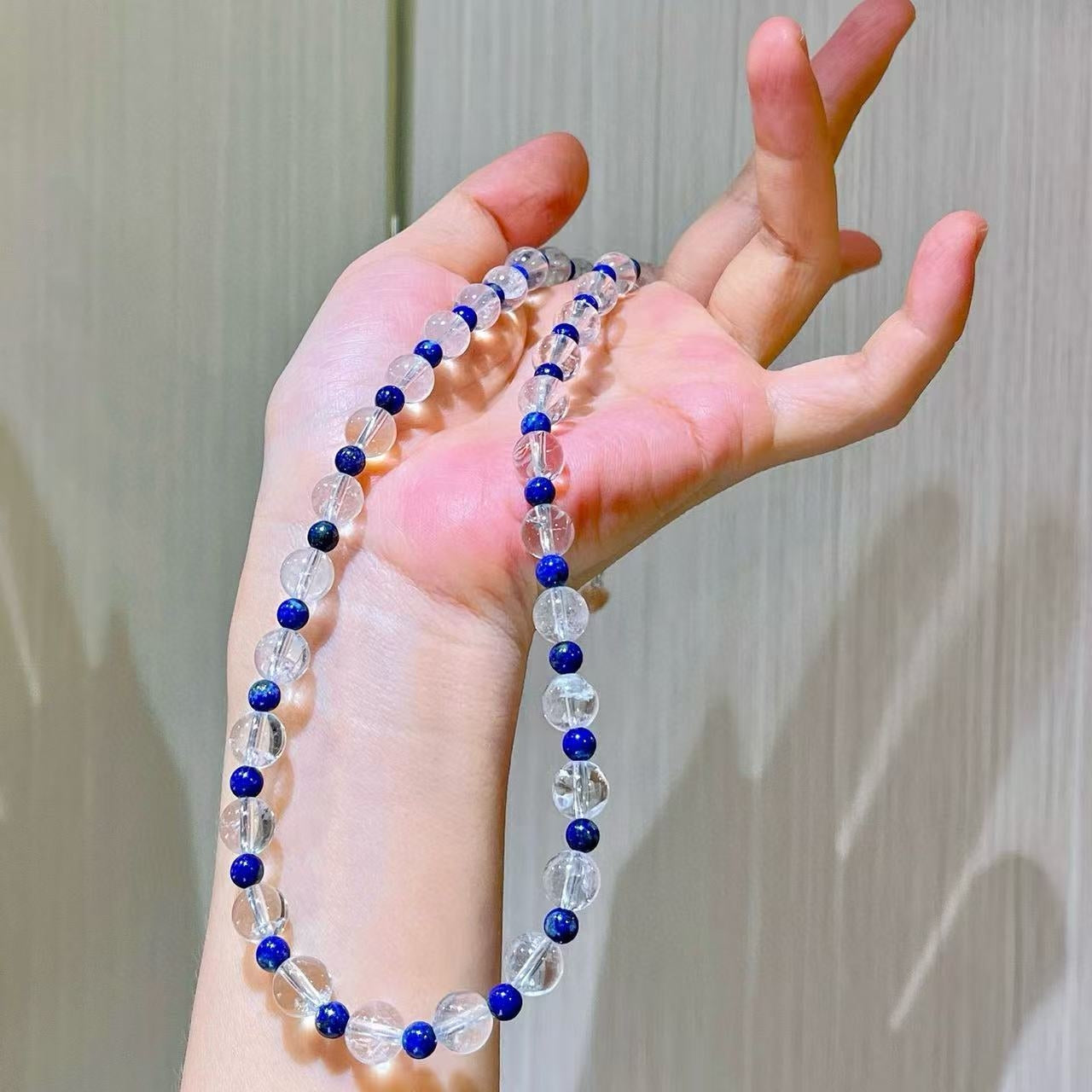 8mm Natural White Crystal and Lapis Lazuli Designer Collarbone Necklace