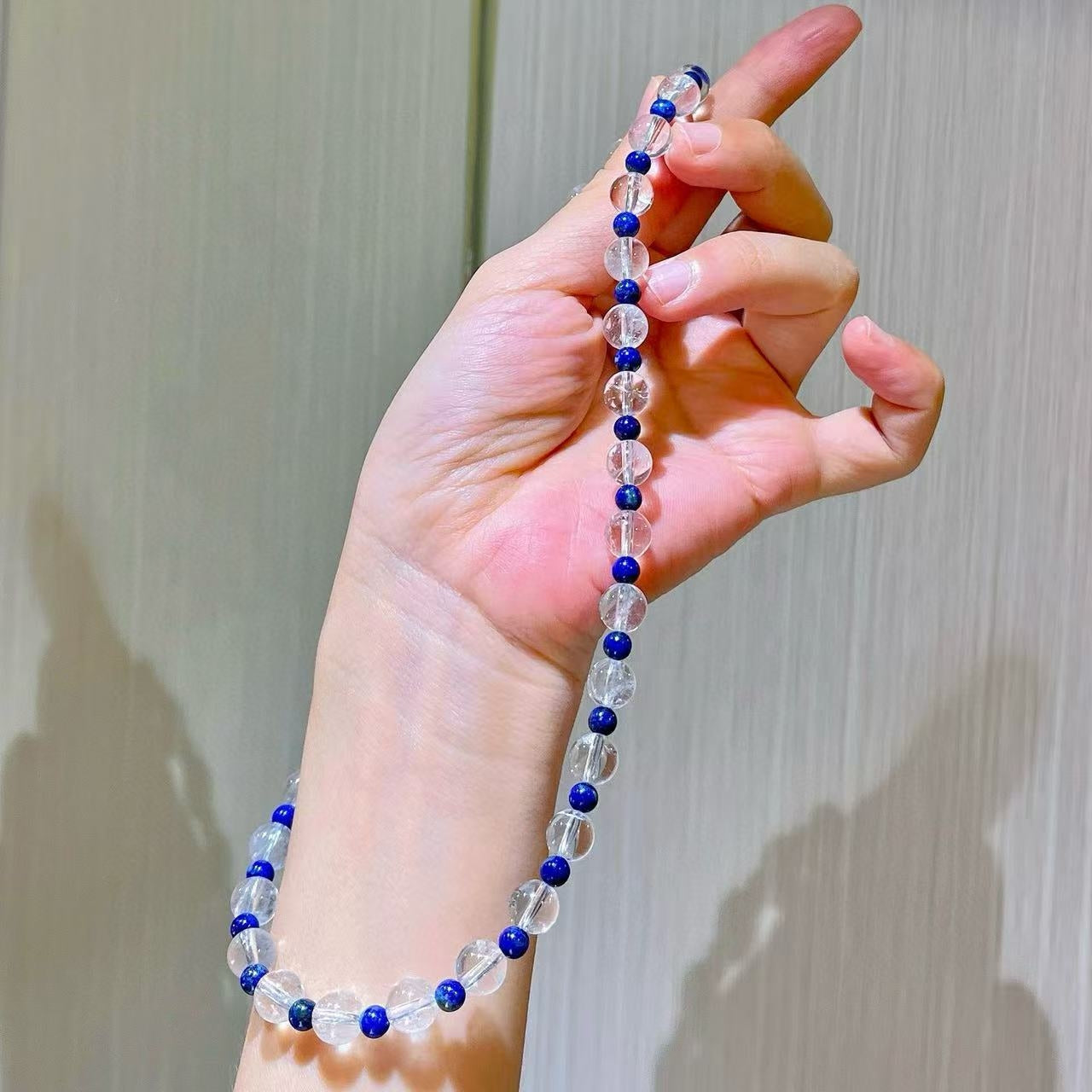 8mm Natural White Crystal and Lapis Lazuli Designer Collarbone Necklace