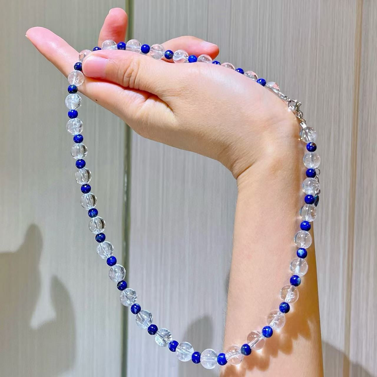 8mm Natural White Crystal and Lapis Lazuli Designer Collarbone Necklace