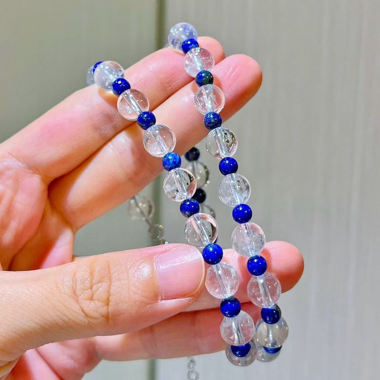 8mm Natural White Crystal and Lapis Lazuli Designer Collarbone Necklace